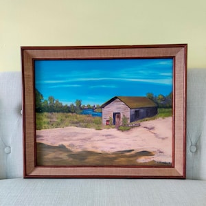 Framed Vintage Original Painting, Original Beach Cabin Painting, Vintage Seascape Painting, Minimalist Landscape Painting, Artist Signed