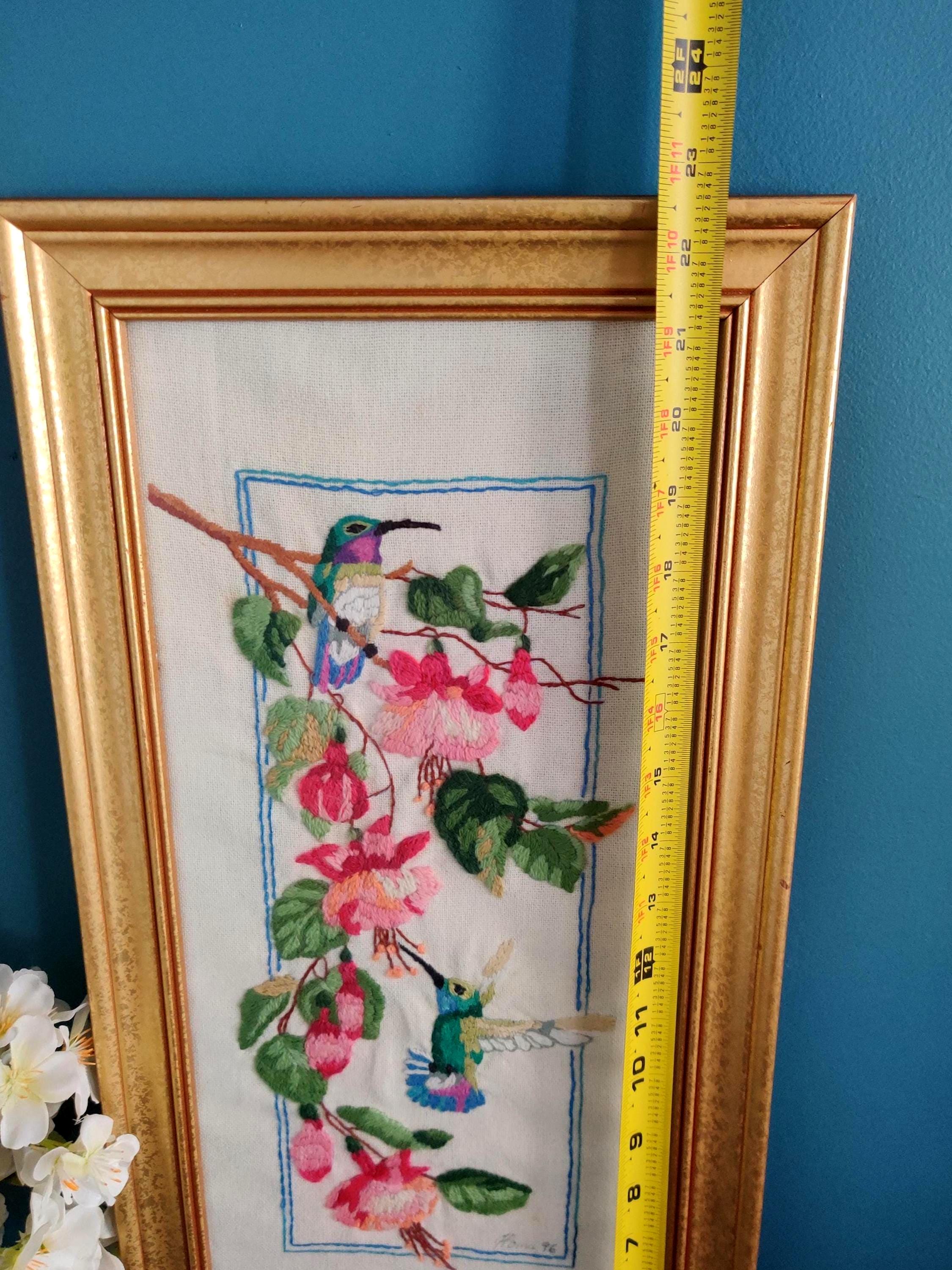 Vintage Framed Crewel Hummingbirds & Flowers Wall Art, Colorful Bird ...