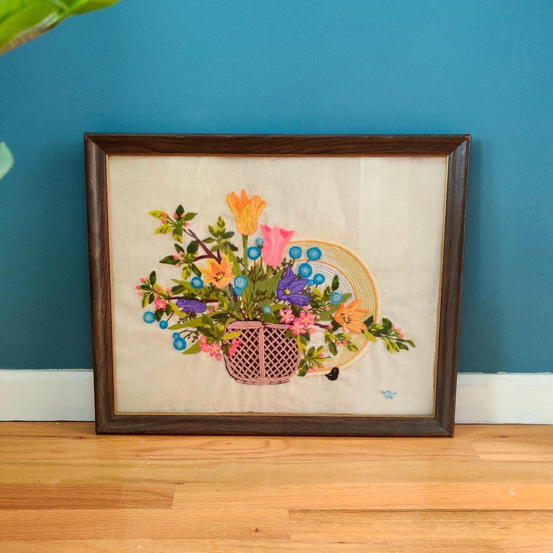 Vintage Framed Crewel Embroidery Wall Art - Hand Embroidered Flower ...