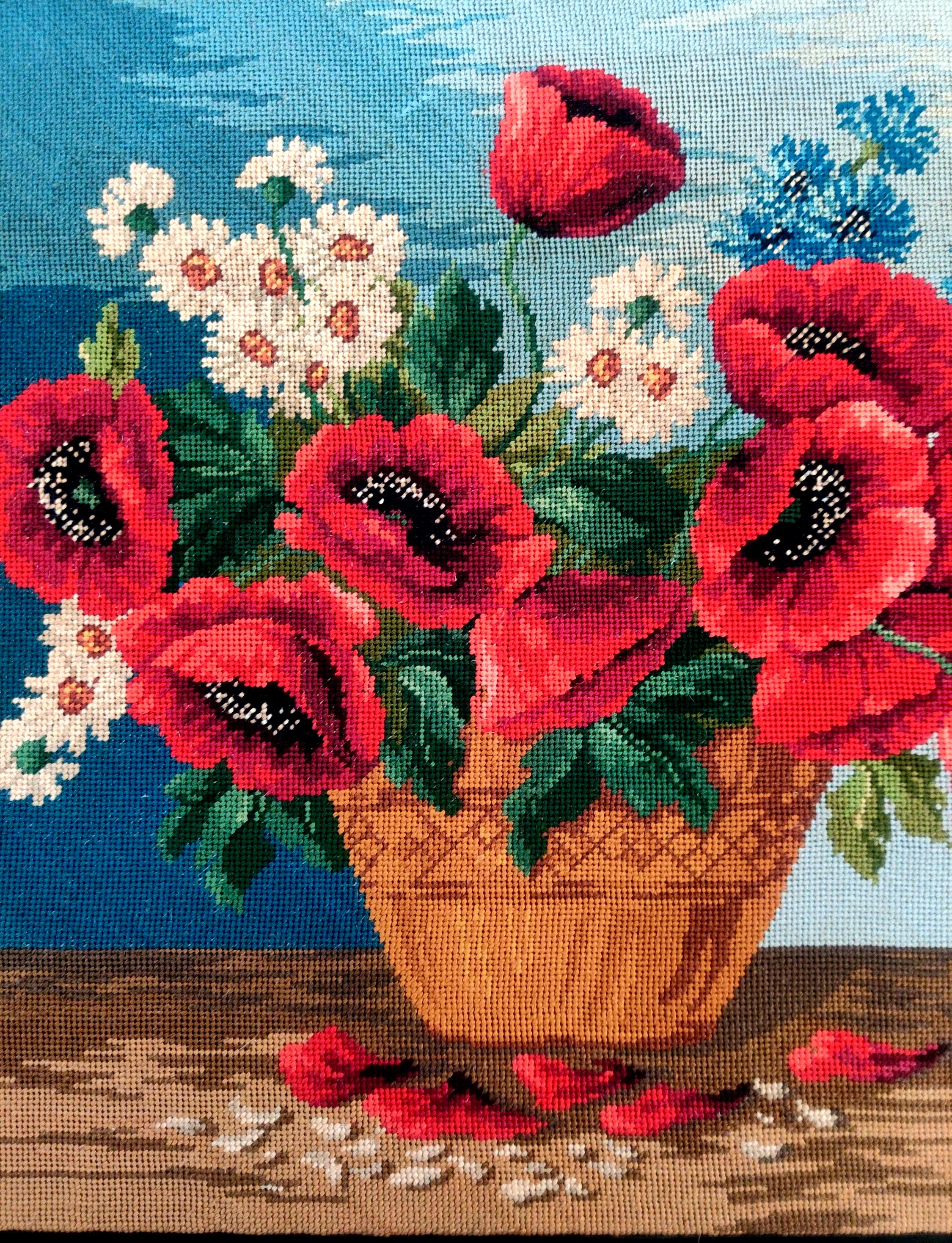 Vintage Framed Wiehler Gobelin Needlepoint, Poppies & Wildflowers
