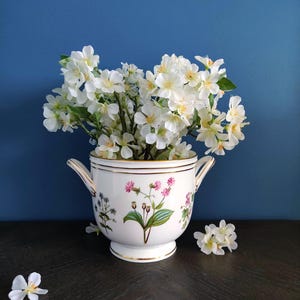 May include: A white ceramic vase with gold trim and floral illustrations, filled with white flowers. The vase has two handles and sits on a dark surface against a blue background. A few loose flowers are scattered around the vase.