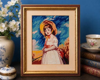 Vintage Framed Needlepoint Girl Portrait,  Hand Stitched Impressionistic Landscape Embroidered Art, Cottagecore Wall Decor, 10.5"x13"