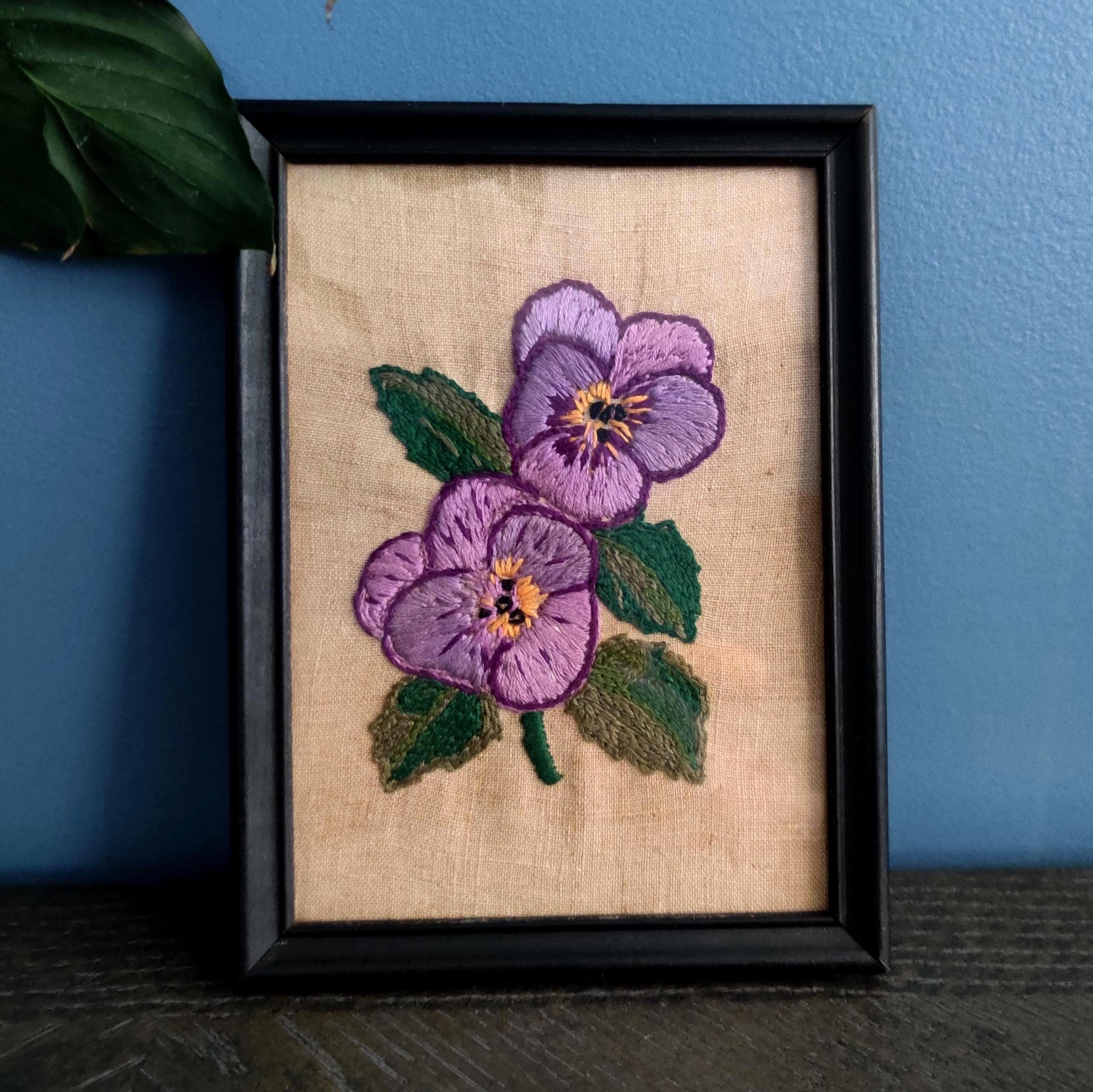 Vintage Framed Pansy Crewel Embroidery