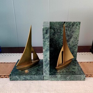 Vintage Marble and Brass Sailboat Bookends, MCM Marble Bookends, Vintage Stone Bookends, Nautical Themed Bookends, Vintage Bookends Brass
