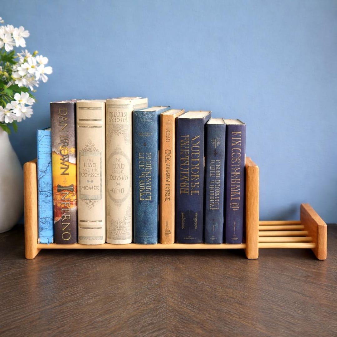 Vintage Adjustable Wooden Book Rack Shelf - Sliding Expandable Bookends ...