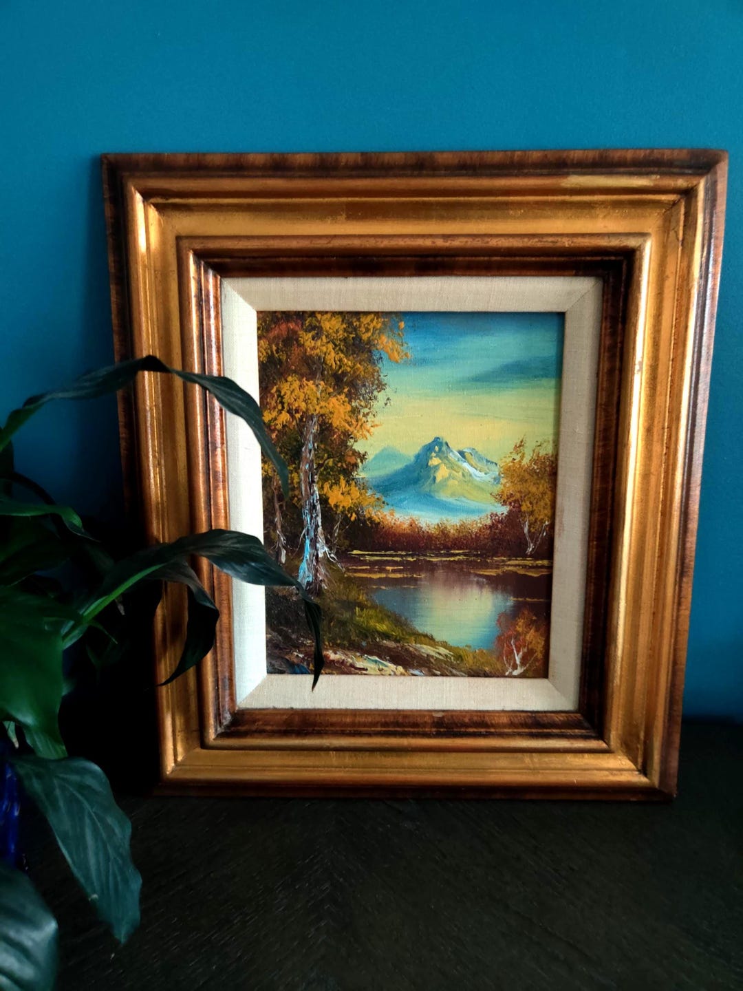 Vintage Framed Mountain Lake Oil Painting, Autumn Landscape (15.25" X ...