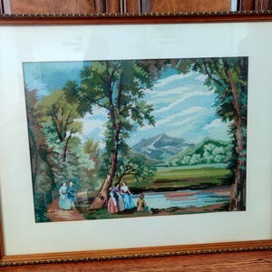 Extra Large Framed Vintage Needlepoint European Countryside, Fully Completed Needle Point, Cross Stitch Woolwork, 19th Century, 25&quot;x31.5&quot;