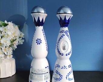 Pair 750ML - Clase Azul Reposado Tequila Bottles, Hand Painted Mexican White & Blue Ceramic Decanter