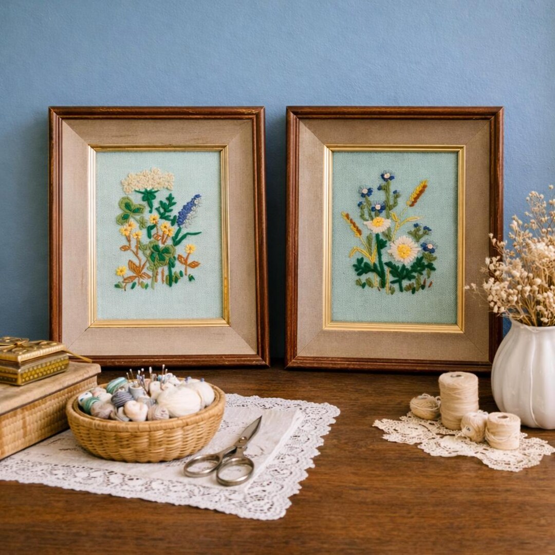 Vintage Framed Floral Crewel Embroidery Wall Art, Cottagecore ...