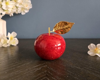 Vintage Italian Red Alabaster Apple Paperweight, Mid-Century Hand Carved Stone Fruit Decor