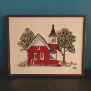 Vintage Crewel Embroidered Red Schoolhouse Wall Art, Framed Vintage Embroidery, Embroidered Wall Art, Artist Signed, Crewel Wall Art, 15x19&quot;