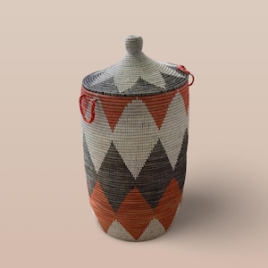 African Woven Basket with Lid, Senegal Laundry Basket/Hamper, Tall Storage Basket, Wicker Basket