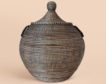 アフリカ特大ラウンド編みバスケット 蓋付き セネガル ランドリー