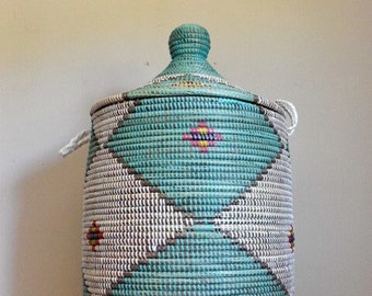 African Extra-Large Woven Basket with Lid, Senegal Laundry Basket/Hamper, Tall Storage Basket, 30" Tall/18" Diameter
