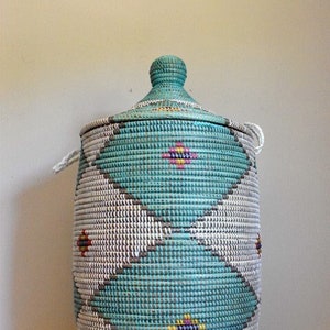 African Extra-Large Woven Basket with Lid, Senegal Laundry Basket/Hamper, Tall Storage Basket, 30" Tall/18" Diameter