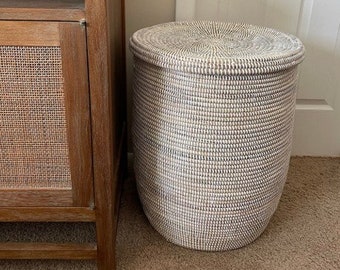 African Extra-Large Woven Basket with Lid, Senegal Laundry Basket/Hamper, Tall Storage Basket, 23" Tall/19" Diameter