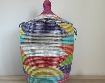 African Extra-Large Woven Basket with Lid, Senegal Laundry Basket/Hamper, Tall Storage Basket, 30" Tall/18" Diameter