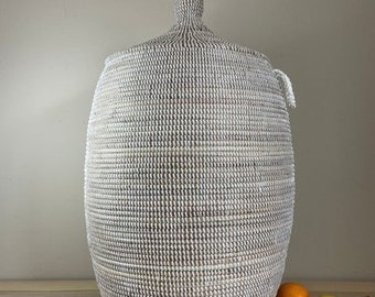 African Extra-Large Woven Basket with Lid, Senegal Laundry Basket/Hamper, Tall Storage Basket, 30" Tall/18" Diameter