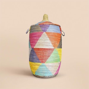 African Woven Basket with Lid, Senegal Laundry Basket/Hamper, Tall Storage Basket, Wicker Basket