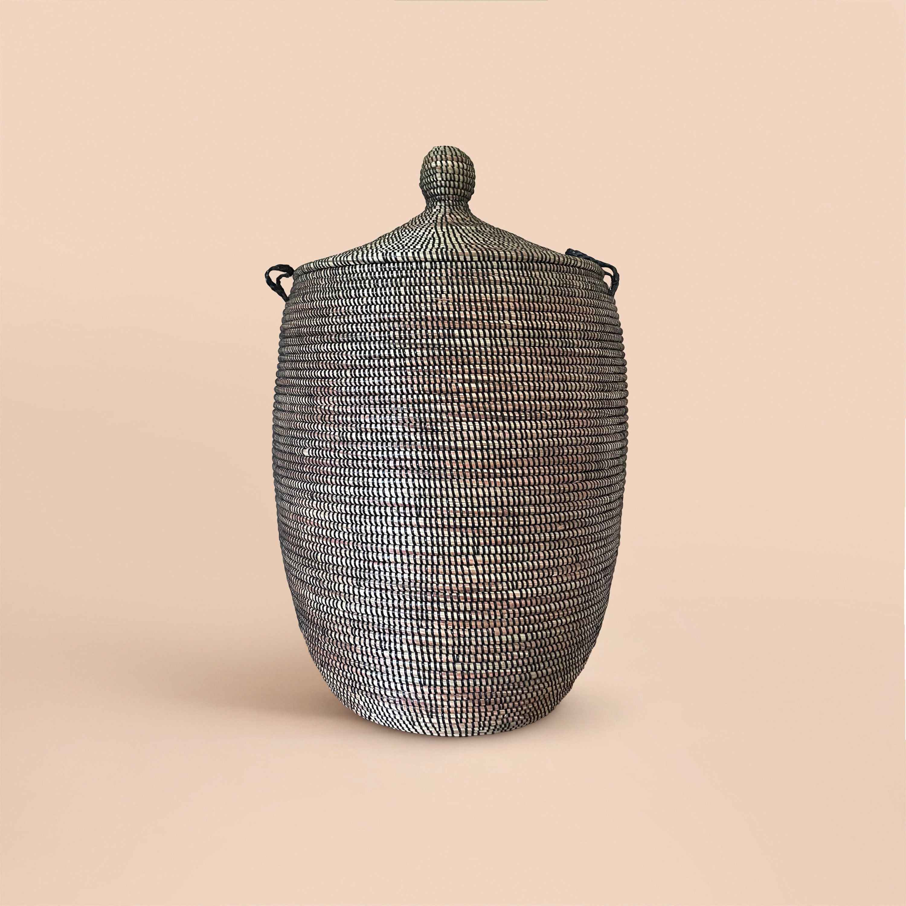 African Extra-Large Woven Basket with Lid, Senegal Laundry Basket/Hamper, Tall Storage Basket, Wicker Basket, 30" Tall/18" Diameter
