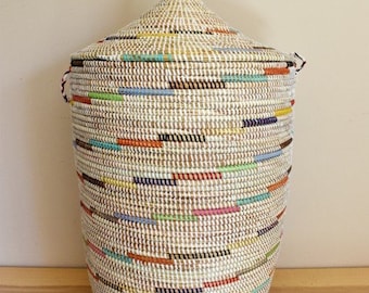 African Extra-Large Woven Basket with Lid, Senegal Laundry Basket/Hamper, Tall Storage Basket, 30" Tall/18" Diameter