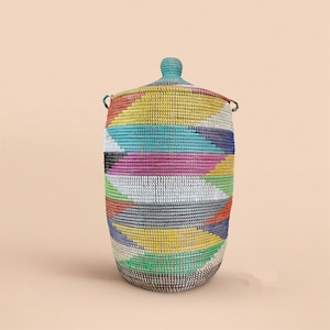 African Woven Basket with Lid, Senegal Laundry Basket/Hamper, Tall Storage Basket, Wicker Basket