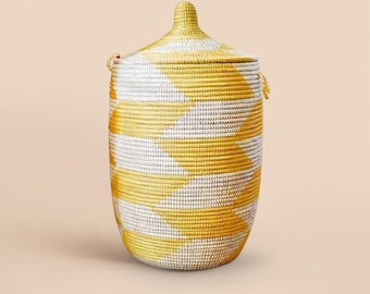 アフリカ特大編みバスケット 蓋付き、セネガルランドリーバスケット