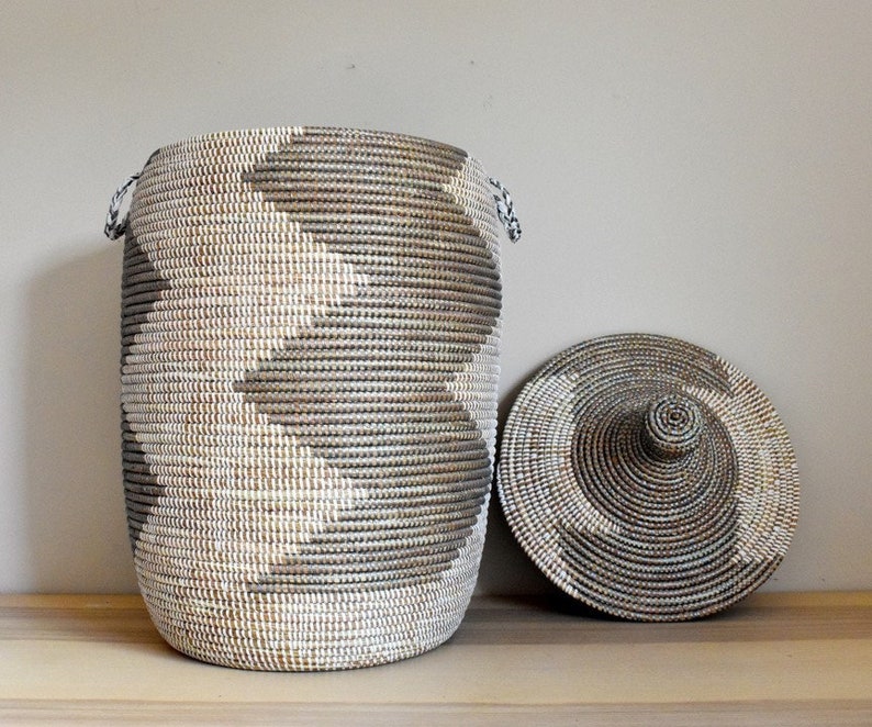 African Extralarge Woven Basket With Lid, Senegal Laundry Basket