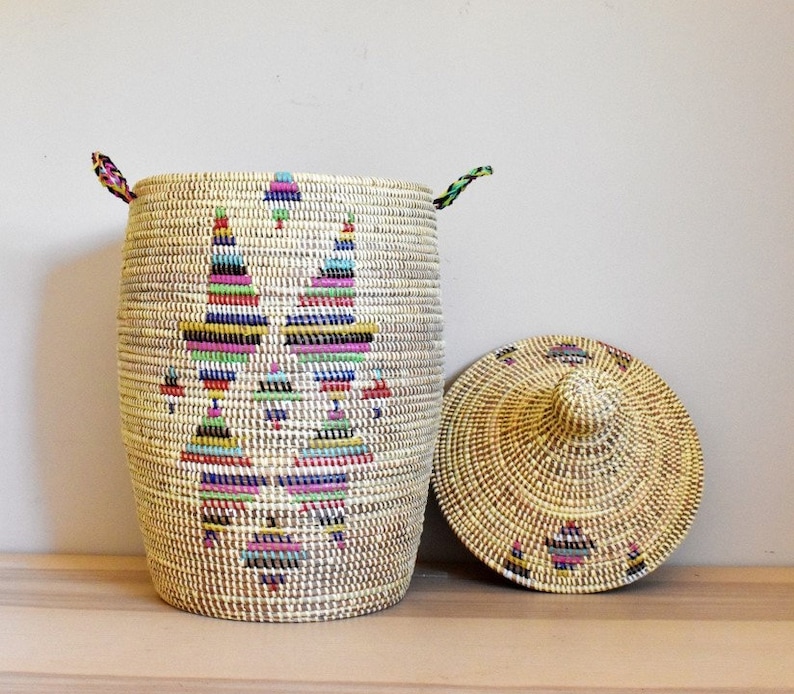 African Extralarge Woven Basket With Lid, Senegal Laundry Basket
