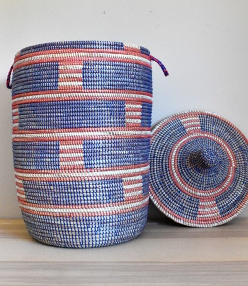 African Extralarge Woven Basket With Lid, Senegal Laundry Basket
