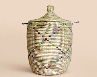 アフリカ特大編みかご、セネガルランドリーバスケット/ハンパー、収納