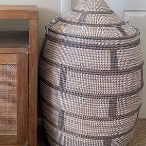 African Extra-Large Woven Basket with Lid, Senegal Laundry Basket/Hamper, Tall Storage Basket, 30&quot; Tall/18&quot; Diameter