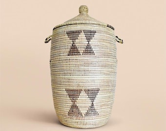 African Extra-Large Woven Basket with Lid, Senegal Laundry Basket/Hamper, Tall Storage Basket, Wicker Basket, 30" Tall/18" Diameter