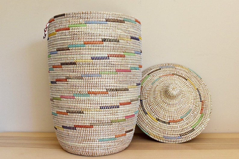 African Extralarge Woven Basket With Lid, Senegal Laundry Basket/hamper, Tall Storage Basket