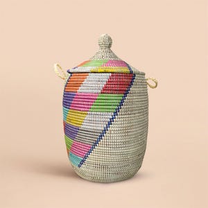 African Woven Basket with Lid, Senegal Laundry Basket/Hamper, Tall Storage Basket, Wicker Basket