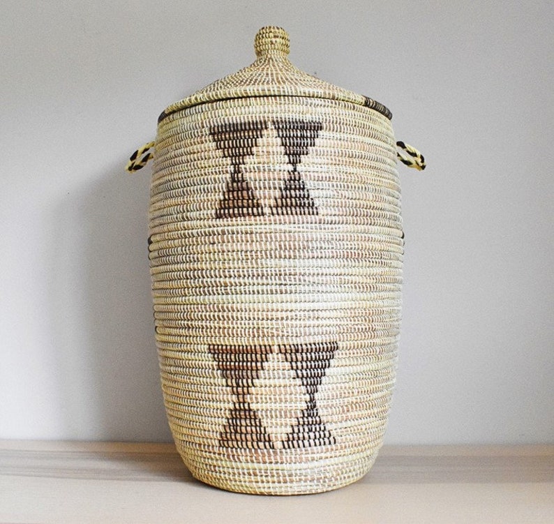 African Extralarge Woven Basket With Lid, Senegal Laundry Basket