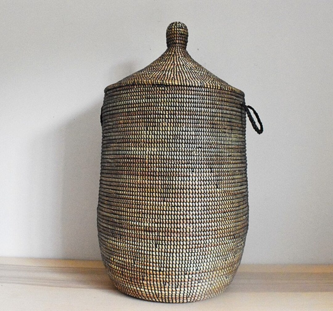 African Extralarge Woven Basket With Lid, Senegal Laundry Basket
