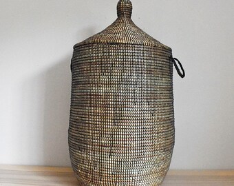 African Extra-Large Woven Basket with Lid, Senegal Laundry Basket/Hamper, Tall Storage Basket, 30" Tall/18" Diameter