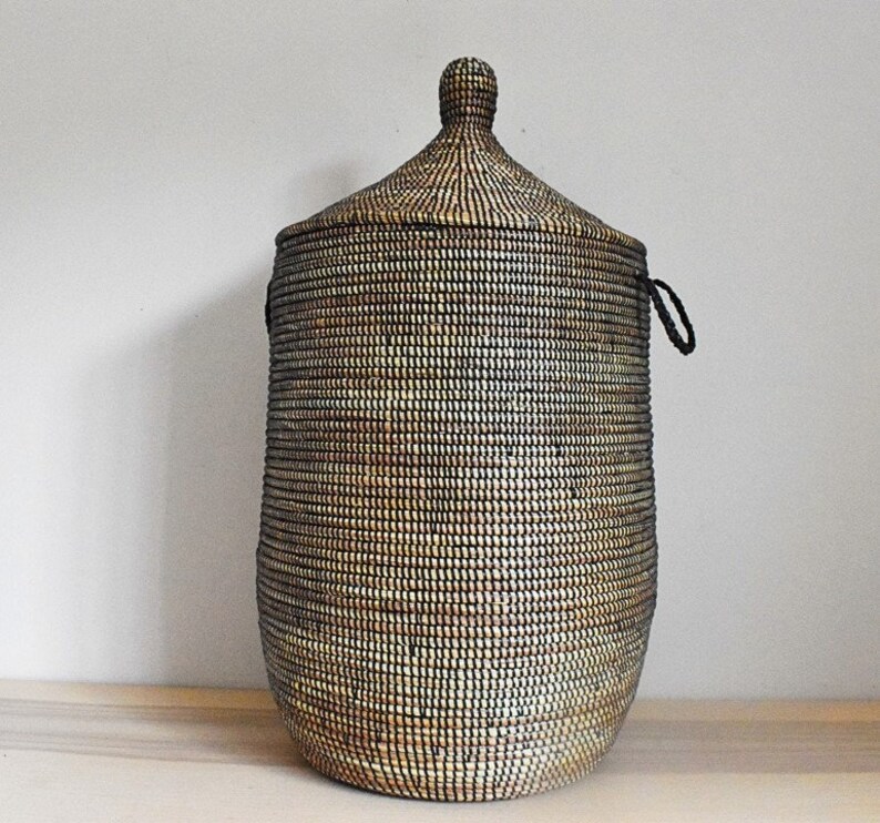 African Extralarge Woven Basket With Lid, Senegal Laundry Basket