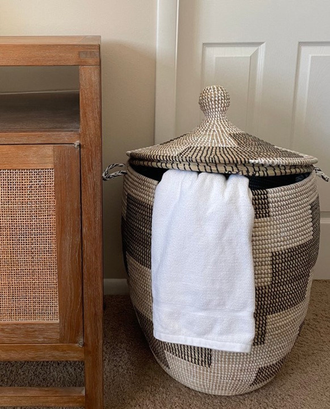 African Extralarge Woven Basket With Lid, Senegal Laundry Basket