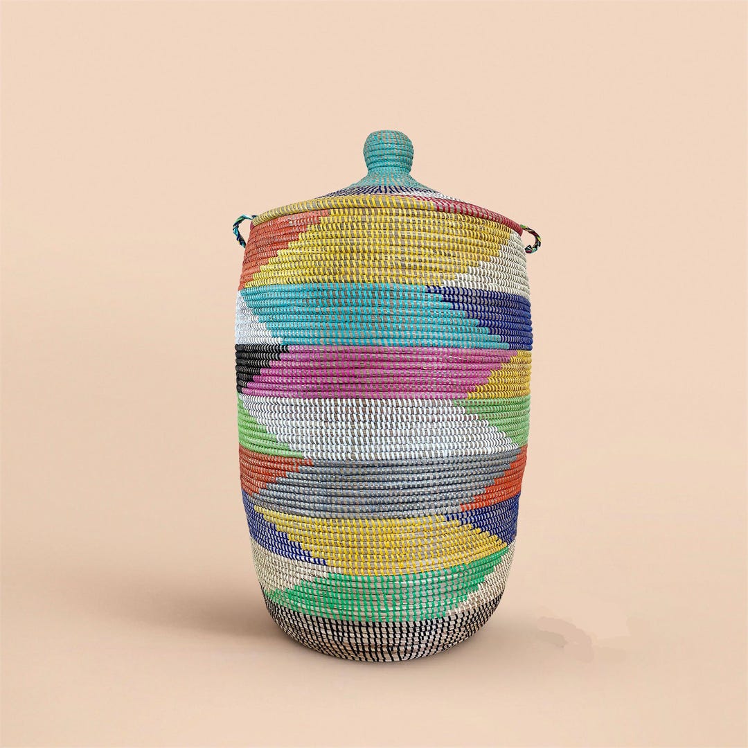 African Jumbo Woven Basket With Lid, Senegal Laundry Basket/hamper, Tall Storage Basket, Wicker ...