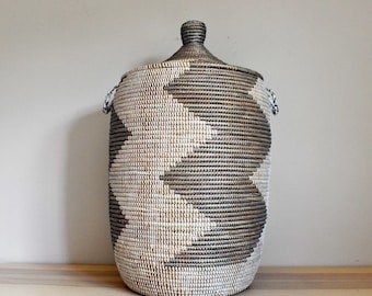 African Extra-Large Woven Basket with Lid, Senegal Laundry Basket/Hamper, Tall Storage Basket, 30" Tall/18" Diameter