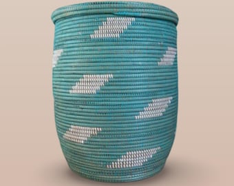 African Extra-Large Woven Basket with Lid, Senegal Laundry Basket/Hamper, Tall Storage Basket, Wicker Basket, 24" Tall/18" Diameter