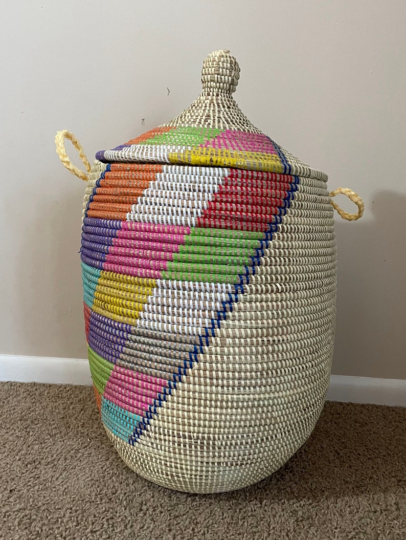 African Large Woven Basket With Lid, Senegal Laundry Basket/hamper ...