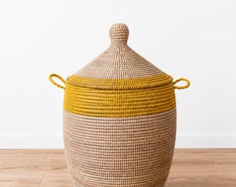African Woven Basket with Lid, Senegal Laundry Basket/Hamper, Tall Storage Basket, Wicker Basket, 30x18x18"
