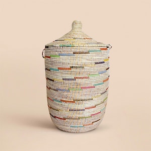 African Extra-Large Woven Basket with Lid, Senegal Laundry Basket/Hamper, Tall Storage Basket, 30&quot; Tall/18&quot; Diameter