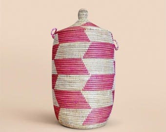 African Extra-Large Woven Basket with Lid, Senegal Laundry Basket/Hamper, Tall Storage Basket, Wicker Basket, 30" Tall/18" Diameter