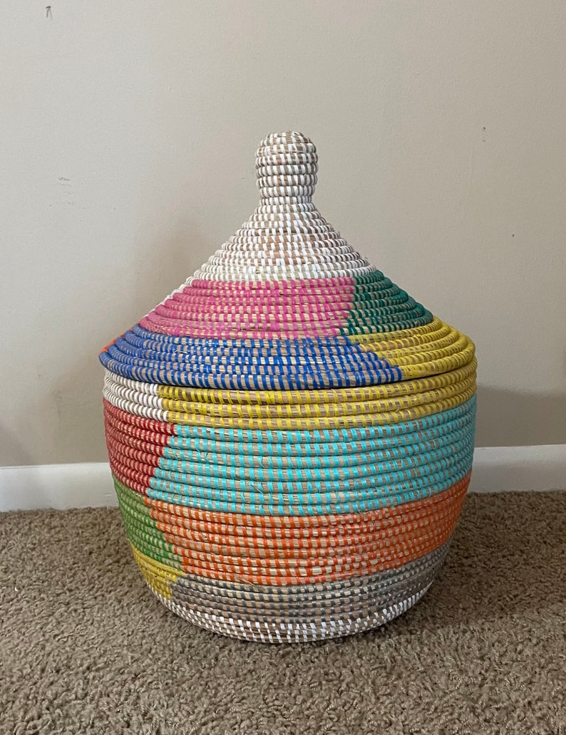 Set of 3 African Woven Baskets With Lid, Senegal Laundry Basket/hamper, Africa Storage Basket
