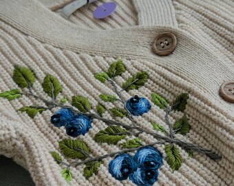 Knitted cotton baby cardigan with blueberry embroidery