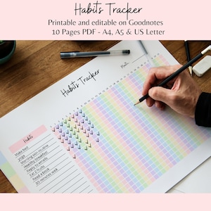 Peut inclure: Un tableau de suivi des habitudes imprimable avec un schéma de couleurs arc-en-ciel. Le tableau comporte une liste d'habitudes sur le côté gauche et une grille de jours sur le côté droit. Une main utilise un crayon pour cocher un jour sur le tableau.